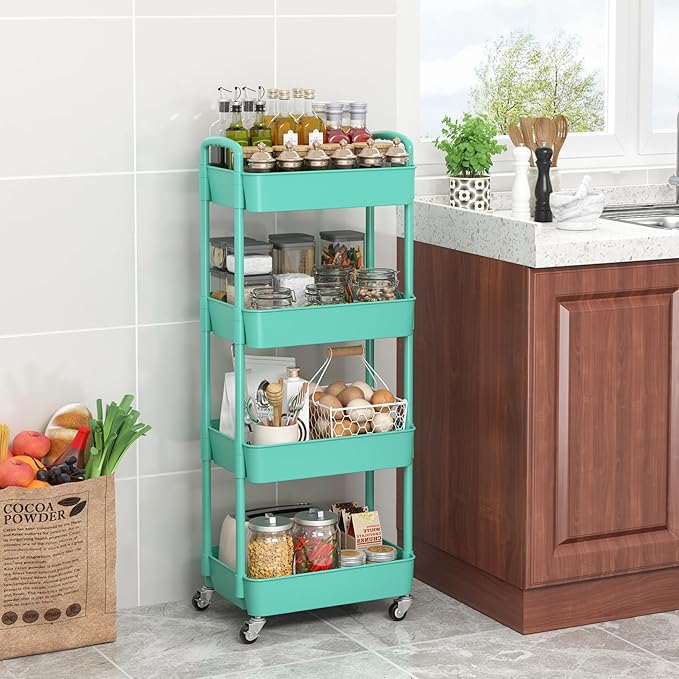 Sywhitta 4-Tier Plastic Rolling Utility Cart with Handle, Multi-Functional Storage Trolley for Office, Living Room, Kitchen, Movable Storage Organizer with Wheels, Green
