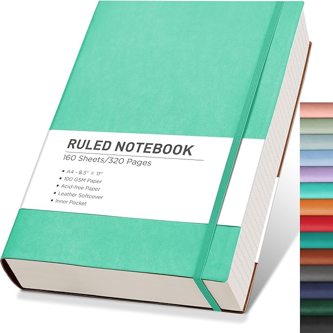 RETTACY Journaling Notebooks, A4 Lined Notebook Journal with 320 Pages, 8.5" × 11", Large Size, Notebook Journal for Work, School, Writing, Leather Softcover, 100 GSM Thick Paper (Mint)