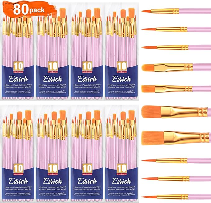 ESRICH Acrylic Paint Brushes Set, 8Packs /80 Pcs, Nylon Brush Head, Suitable for Acrylic, Oil, Watercolor,Rock Body Face Nail Art,Perfect Suit of Art Painting, Best Gift for Kids Adult Drawing(Pink)