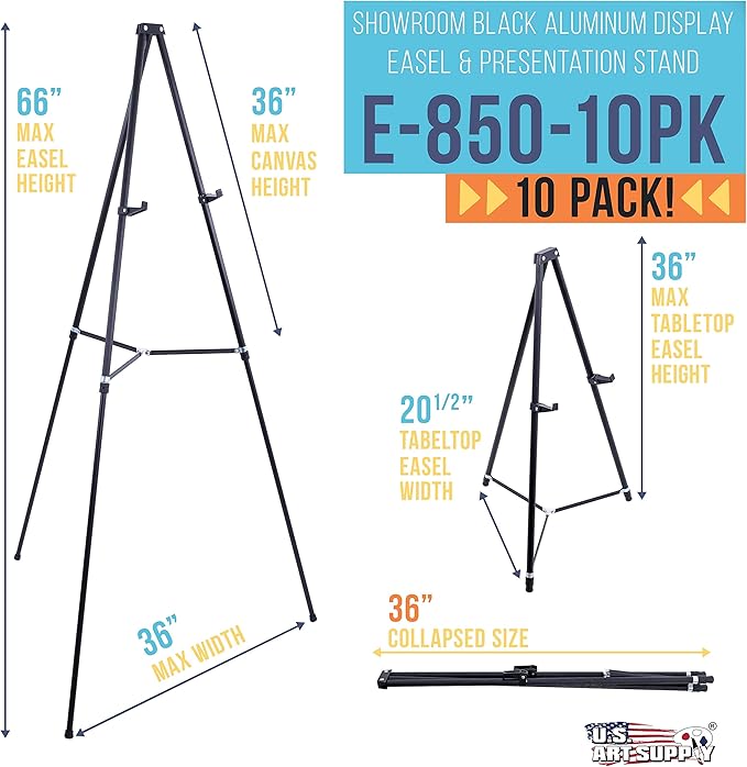 U.S. Art Supply 66" High Showroom Black Aluminum Display Easel and Presentation Stand (Pack of 10) - Large Adjustable Height Portable Floor and Tabletop Tripod, Holds 25 lbs, Paintings, Signs, Posters