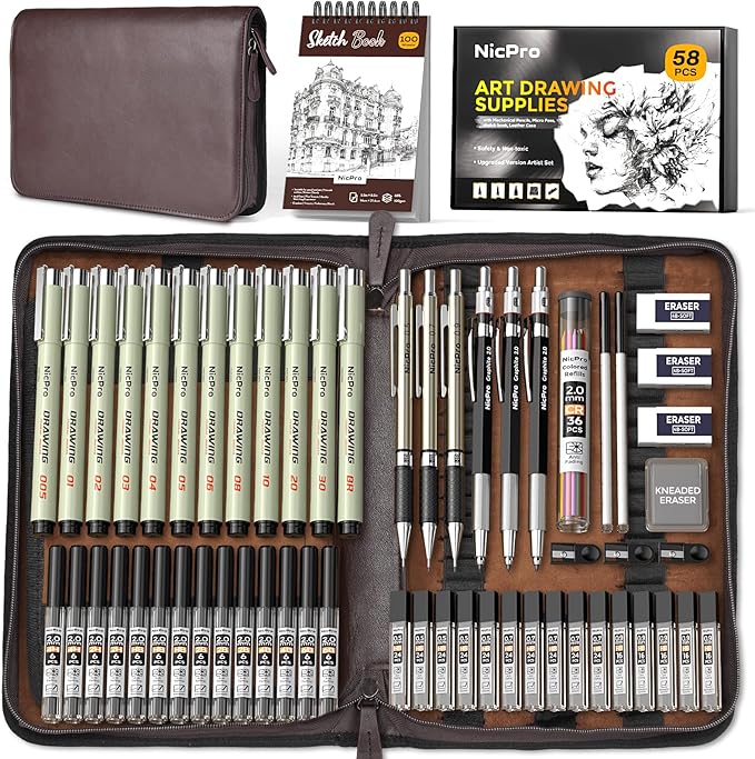Nicpro 58 PCS Art Drawing Supplies Kit in Leather Case, Art Mechanical Pencil Set with 6 Metal Drafting Pencil 0.5 & 0.7 & 0.9 & 2mm, 12 Micron Pen, Sketch Book, 30 Tube Lead Refills for Sketching
