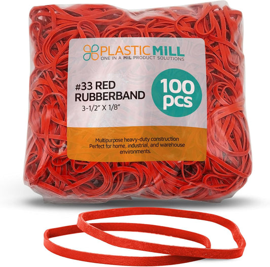 PlasticMill Red Rubber Bands Size 33 (3 1/2" x 1/8") - #33 Colored Rubber Bands Office Supplies - Strong, Elastic Bands for Crafts, Balloon Garland, Cash, File Folders (100-Pack)