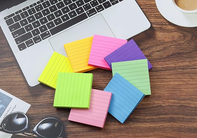 8 Pads Lined Sticky Notes 3x3 in Post, 8 Colors Self Sticky Notes Pad Its, Bright Colorful Square Sticky Notes for Office, Home, School, Meeting, 82 Sheets/pad