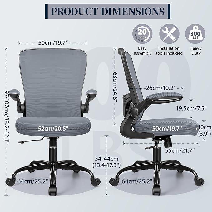 FelixKing Office Chair, Ergonomic Desk Chair with Adjustable Height and Lumbar Support Swivel Desk Computer Chair with Flip up Armrests for Conference Room (Dark Gray)
