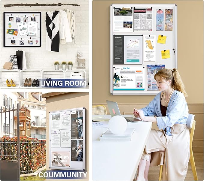 SWANCROWN Locking Bulletin Boards Enclosed Noticeboard White Glass Message Boards Indoor for School Office 38x28inch(9xA4)