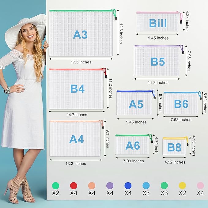 30 Pcs Mesh Zipper Bags, 9 Colors, 9 Sizes Waterproof Plastic Zipper Pouches, Multipurpose for Organizing, Home, School, Office, and Travel Storage