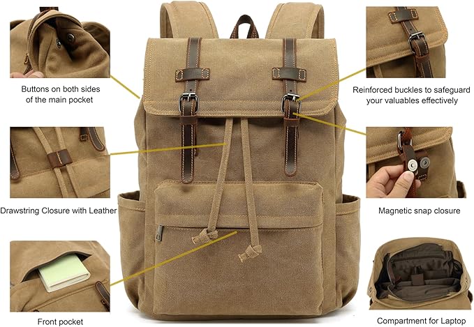 HuaChen Vintage Canvas Backpack, Mens Travel Rucksack for Laptop Hiking Bag (M83_Khaki)