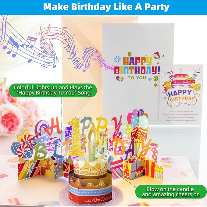 Gumry 1ST Musical Birthday PopUp Card, Blowable Colorful Light Candle 3D Cards with Song, Applause Cheers Sound, Greeting Cards Birthday Gifts Decorations for Daughter Son Turning 1 Years Old