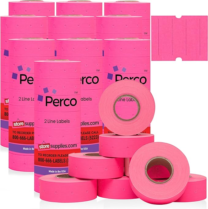 Perco 2 Line Fluorescent Pink Labels - 80 Rolls, 10 Sleeves, 80,000 Blank Price and Date Gun Labels for Perco 2 Line Price and Date Guns - Made in USA