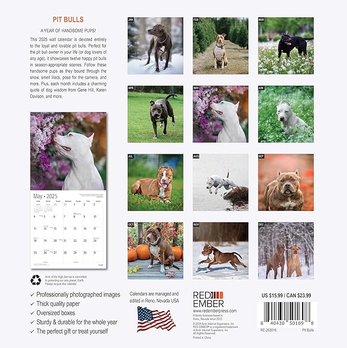 RED EMBER Pit Bulls 2025 Wall Calendar 12 Month | 12" x 24" Open | Thick & Sturdy Paper | Giftable | Calendar 2025