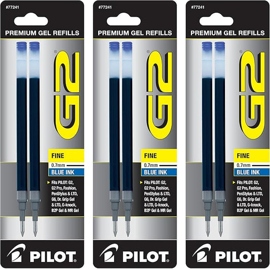 Pilot G2 Gel Ink Pen Refills, Fine Point, 0.7mm, Blue Ink, 6 Refills