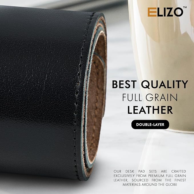 Elizo Leather Desk Mat Desk Pad Blotter Set - Real Full-Grain Leather (32x16) 2-Layer Genuine Desk Cover Protector & Large Mouse Pad | Computer Keyboard Desk Accessories for Office & Home Carbon