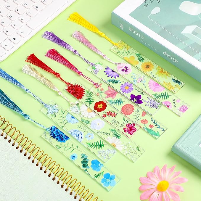 8 Sets Flower Acrylic Bookmarks Transparent Acrylic Bookmarks Cute Floral Bookmarks with Colorful Tassels for Women Teacher Book Lovers, 8 Styles