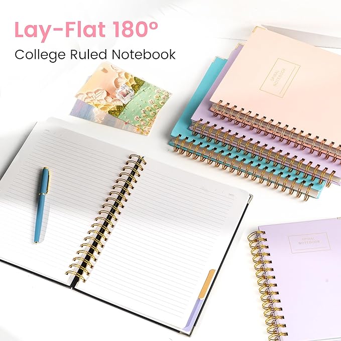 Yoment Hardcover Spiral Notebooks for Work School Note Taking, 8"x10" Journal Notebook with Tabs Dividers, Multi 5 Subject Notebook College Ruled, 240 Pages Lined Journal for Women, Pink