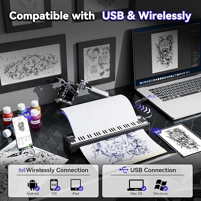 P90-Pino Wireless Tattoo Stencil Printer - Black with Elegant Piano-Inspired Design
