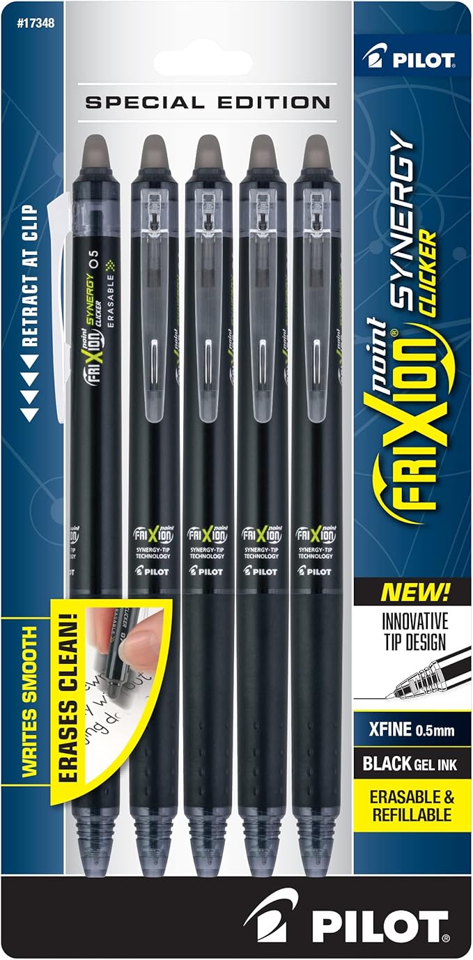 PILOT FriXion Synergy Clicker Erasable, Refillable & Retractable Gel Ink Pens, 0.5mm Extra Fine Point, Black Ink, 5-Pack