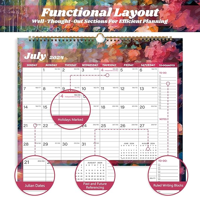 2025 Calendar, Calendar 2024-2025, 18 Months Wall Calendar July 2024 to Dec 2025 Calendar with Julian Dates, 14.8" X 11.5" (Flower)