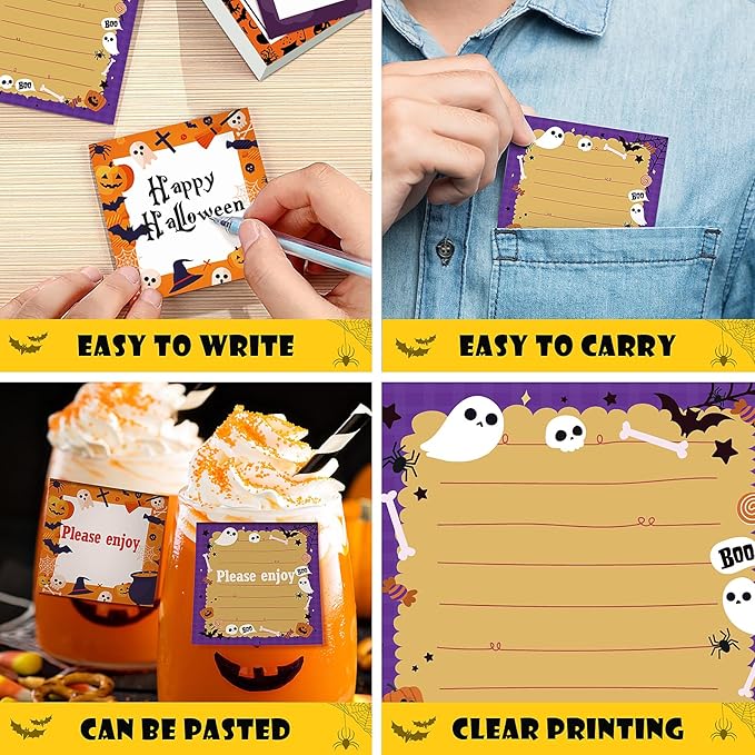 16 Pieces Halloween Sticky Note Self-Adhesive Halloween Note Pads with Spider Pumpkin Bat Eyeball Halloween Memo Notes for Halloween School Office Home Students Teachers Presents 30 Sheets Each
