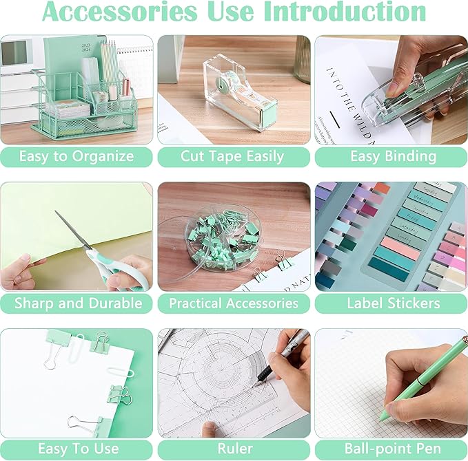 Green Desk Accessories, Office Desk Organizers and Accessories Supplies with Mesh Desk Organizer, Tape Dispenser, Stapler, Staples, Ballpoint Pen, Clips Set, Ruler, Scissor, Sticky Tabs