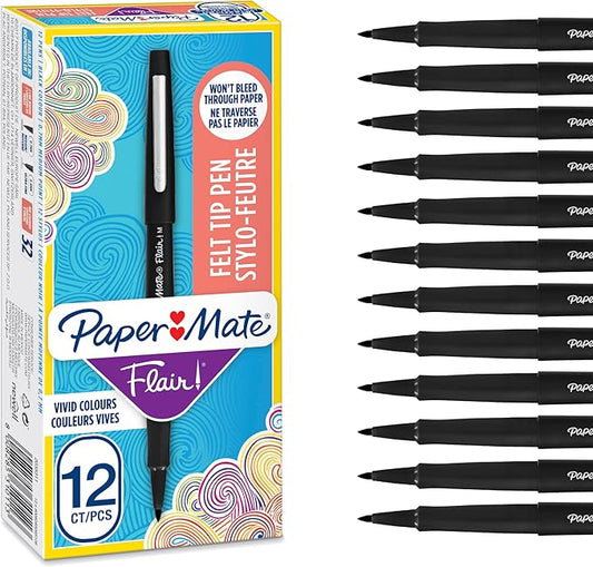 Paper Mate Flair Pen, 0.7 mm Medium Tip, Black, Box of 12