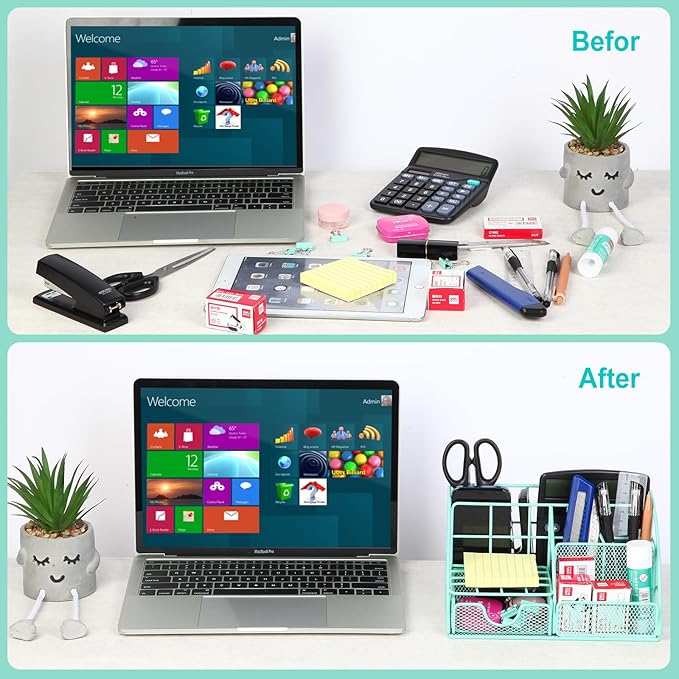 JUOPIEA Desk Organizers and Accessories Office Supplies Organizer with Pen Holder, 72 Clips Set and Phone Stand, Metal Mesh Desktop Organizers with Drawer for Home, Office, School Ect