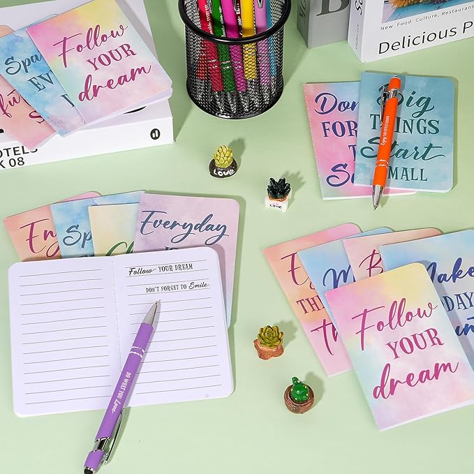 48 Pcs Watercolor Bulk Motivational Pens Inspirational Notepads Set, Pocket Motivational Quote Notebooks Ballpoint Pens, Mini Journals Gift Set for Kids Students Teachers School Office Prizes Supplies