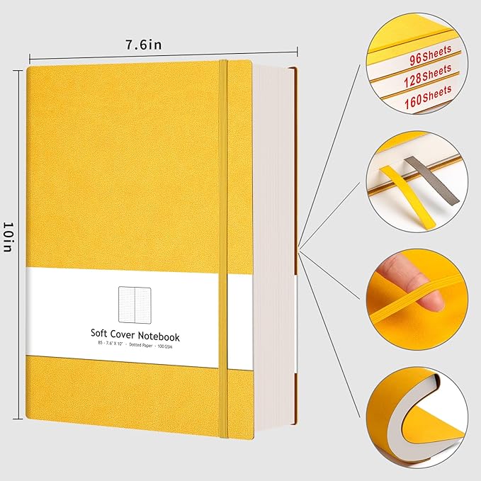 AHGXG Bullet Dotted Journal - 320 Pages Dot Grid Notebook B5 Large Journal, 7.6'' X 10'', 100gsm Thick Dotted Paper, Leather Softcover, with Journal Stencils, Inner Pocket - Yellow