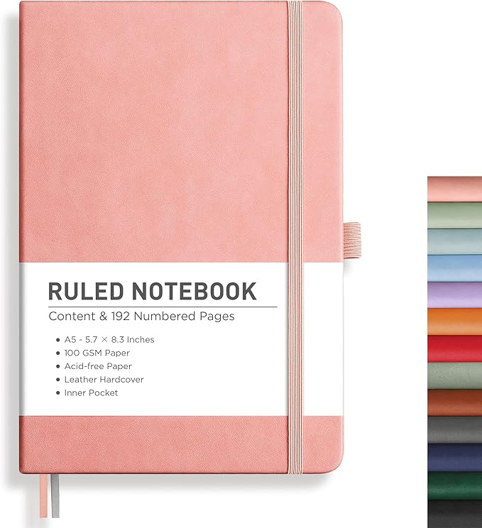 RETTACY Journaling Notebooks, A5 Lined Journal Notebook with 192 Numbered Pages, 5.7'' × 8.3'' Medium Size, for Writing, Work, Office, Leather Hardcover, 100 GSM Thick Paper (Pink)