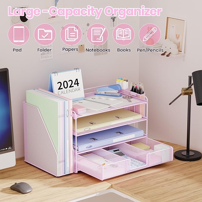 Desk Organizers and Accessories, Desk Accessories & Workspace Organizers for Office Supplies, File Organizer Desk Drawer Organizer with 2 Pen Holders, 4 Tier Paper Organizer for Desk(Pink)