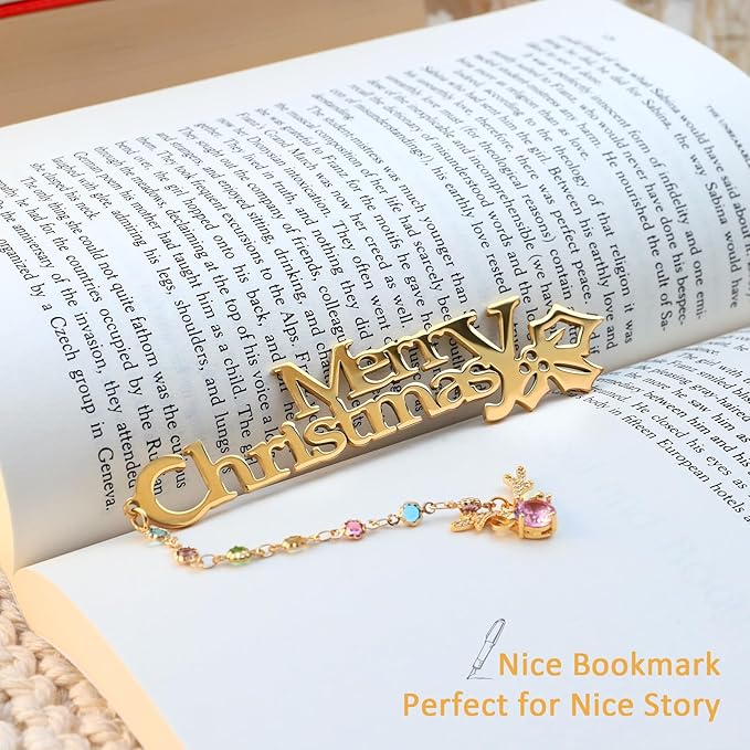 Metal Bookmark Cute Book Accessories Gifts for Women Teacher Readers Book Lovers for Christmas Mother's Day (Merry Christmas Gold)