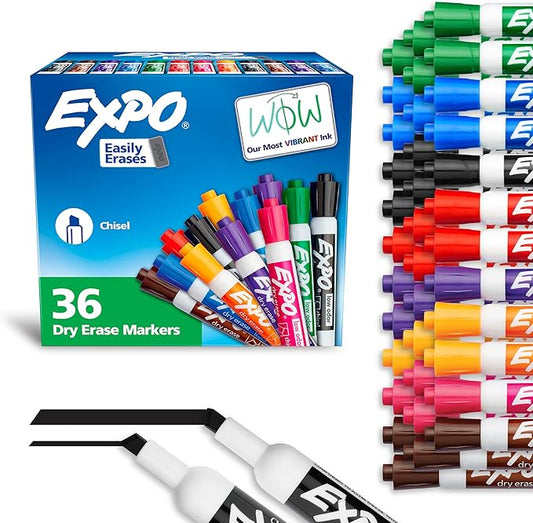 EXPO Dry Erase Markers, Low Odor Ink, Assorted Colors, Chisel Tip, 36 Count