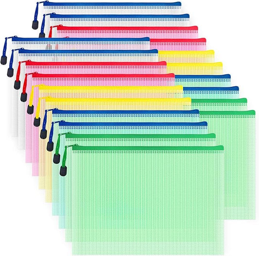 AUSTARK 20 Pcs Zipper File Bags, Plastic Mesh Pouch, Board Game Storage Bag, Waterproof Bags for Office School (B5 Size 11.4''x8.2'', Multicolored)
