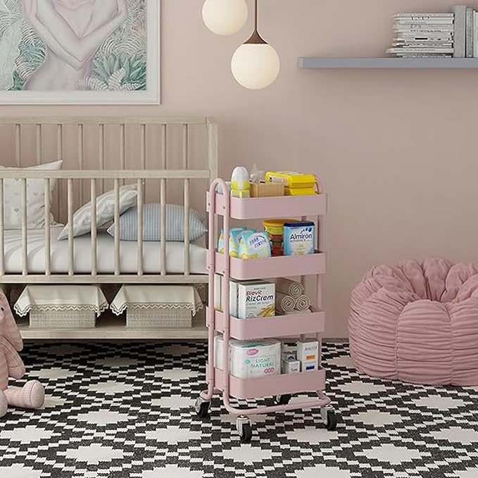 4-Tier Pink Rolling Cart,Metal Utility Rolling Cart with Handle,Multifunction Rolling Carts with Wheels,Kitchen Storage Carts Suitable for Office,Home,Kitchen,Garden（13.4"x18.1"x40"） Pink