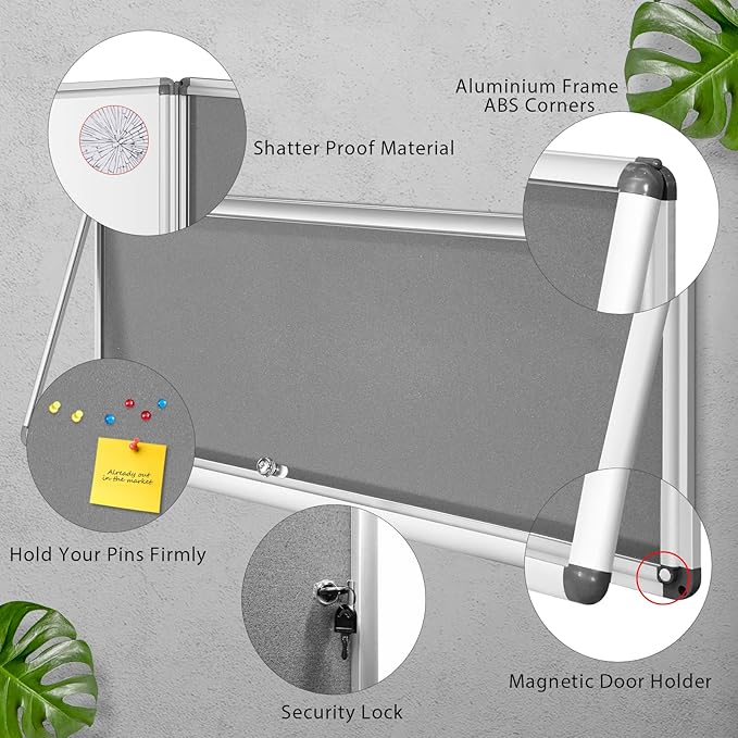SWANCROWN Enclosed Noticeboard Grey Frabric Bulletin Boards Lockable Display Case Tamperproof with Keys Pins,38x14inch