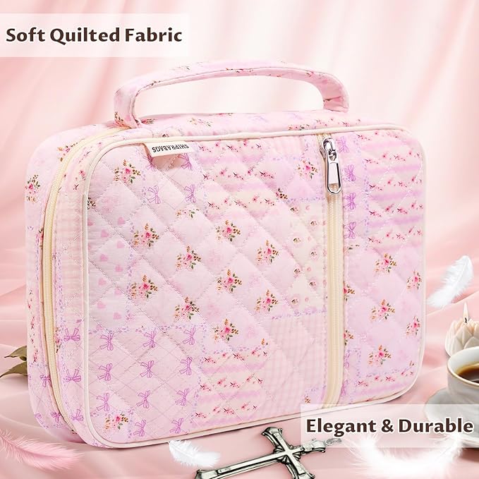shirabags Quilted Bible Cover Case for Women - Elegant Cotton Bible Bag for Study, Church, Christian Gifts for Women (Pink pin, L)