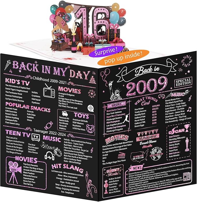16th Birthday Card for Girls Her, Jumbo 3D Pop Up Sweet 16th Birthday Gifts Cards, Back In 2009 Happy 16 Year Old Birthday Decorations Cards Card for Daughter Granddaughter, Rose Gold