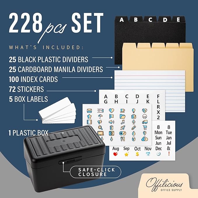 Index Card Holder/ Organizer Set – Heavy-Duty with Dividers – 100 Ruled Index Cards 3x5, 25 Manila & 25 Plastic Dividers, 72 Easy-Read Stickers & 5 Box Labels