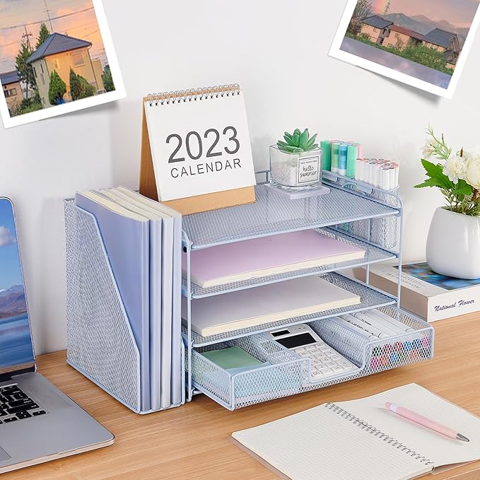 Desk Organizers and Accessories, Desk Accessories & Workspace Organizers for Office Supplies, File Organizer Desk Drawer Organizer with 2 Pen Holders, 4 Tier Paper Organizer for Desk(Blue)