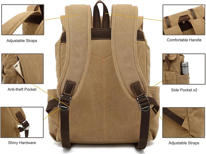 HuaChen Vintage Canvas Backpack, Mens Travel Rucksack for Laptop Hiking bag (M83_Black)
