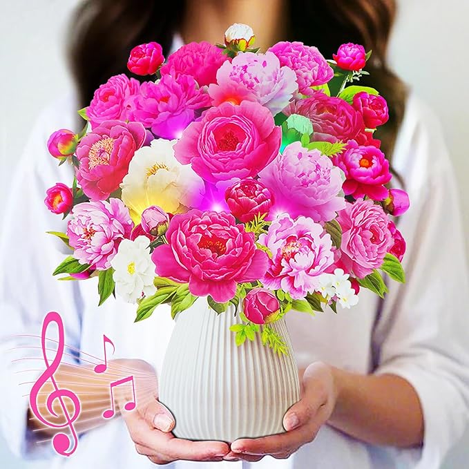 Flower Bouquet Birthday Cards with MUSIC & LIGHTS, 3D Pop Up Greeting Cards, 12 Inch Life Sized Peony Flower Bouquet Mothers Day Cards for Mom Women Sister Daughter Grandma
