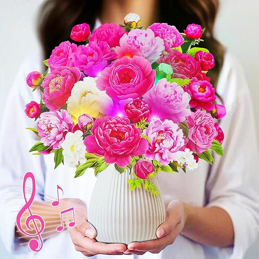 Flower Bouquet Birthday Cards with MUSIC & LIGHTS, 3D Pop Up Greeting Cards, 12 Inch Life Sized Peony Flower Bouquet Mothers Day Cards for Mom Women Sister Daughter Grandma