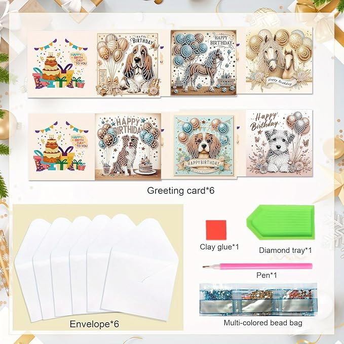 Tontut 6 Pieces Diamond Art Painted Greeting Cards, Horse Puppy Balloon 5D DIY Special Shape Diamond Card Creative Gifts, Christmas Thanksgiving Greeting Card Congratulation