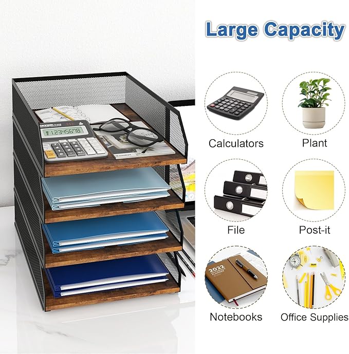 Natwind 4-Tier Stackable Paper Tray, Metal Mesh Desktop Organizer, Wood Board Paper Sorter, Letter Trays,File Document Storage Rack for for Home, Office, School (Retro)