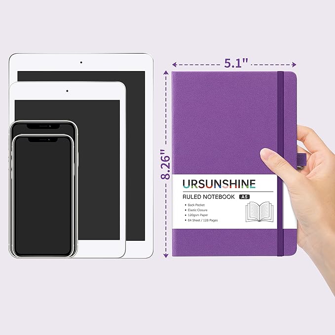 Graph Grid Paper Notebook/Journal - Classic Journal/Notebook with Ribbon Divider, Hardcover with Thick Paper, 5.3" x 8.26", Banded + Pen Holder +Inner Pocket - Purple