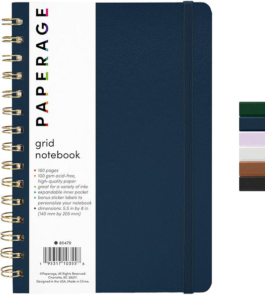 PAPERAGE Graph Paper Spiral Notebook & Journal, (Navy), 160 Pages, Medium 5.5 inches x 8 inches - 100 GSM Thick Graphing Paper, Hardcover, Double-Wire Grid Spiral Notebook