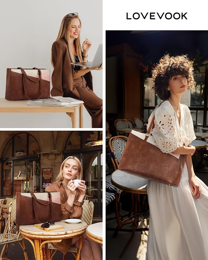 LOVEVOOK Laptop Bag for Women,15.6 Inch Laptop Tote Bag for Women,Vintage Leather Work Tote Bags Computer Teacher Bag,Waterproof Business Bag Office Briefcase