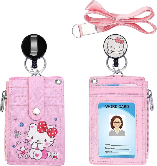 Cute ID Badge Holder Retractable Lanyard Reel Clip with Heavy Duty Carabiner,5 Card Slots in2 Sided with Key Ring and Zipper for Students Teens Boys Girls Office Staff Women (01 Pink CatA)