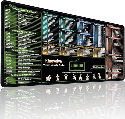 Excel/Word/Outlook/Windows/PowerPoint Shortcut Keys Mouse Pad, Shortcut Mat for Pc Office,Large XL Gaming Mousepad,Non-Slip Stitched Edge 31.5" x 11.8"
