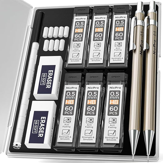 Nicpro 2 PCS 0.5 mm Metal Mechanical Pencils Set, Drafting Pencil for Artist Writing, Sketching, Drawing, with 4 Tubes HB Lead Refill & Erasers, Erasers Refills & Storage Case