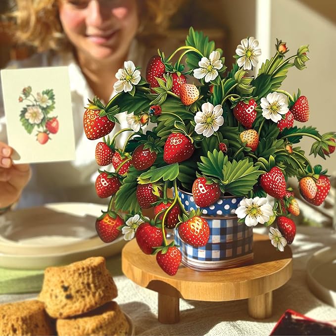Freshcut Paper Pop Up Cards, Strawberry Blossom, 12 Inch Life Sized Forever Flower Bouquet 3D Popup Greeting Card, Birthday Cards, Anniversary Card, Blank Notecard & Envelope